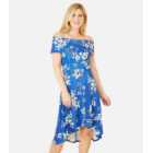 Mela Blue Floral Satin Bardot Dip Hem Midi Dress