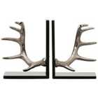 Premier Housewares Antler Set of 2 Bookends in Silver Finish with Marble Bases