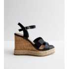 Black Faux Croc Espadrille Trim Wedge Heel Sandals