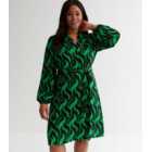 Curves Green Geometric Doodle Print Long Puff Sleeve Mini Dress