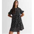 Black Spot Jersey Frill Sleeve Tiered Mini Smock Dress
