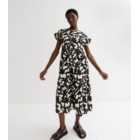 Black Abstract Short Frill Sleeve Midi Smock Dress
