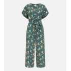 Yumi Teal Bird Print V Neck Button Front Jumpsuit
