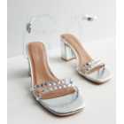 Silver Diamanté Embellished Mid Block Heel Sandals