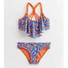 Girls Orange Floral Macrame Frill Crop Bikini Set