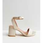 Off White Leather-Look 2 Part Mid Block Heel Sandals