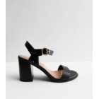 Wide Fit Black Leather-Look 2 Part Block Heel Sandals