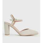 Wide Fit Off White Leather-Look Scallop 2 Part Block Heel Sandals