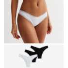 3 Pack Black and White Ribbed Cotton V Front Lace Trim Thongs