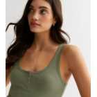 Khaki Ribbed Jersey Popper Front Crop Top