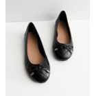 Wide Fit Black Quilted Leather-Look Bow Ballerina Pumps