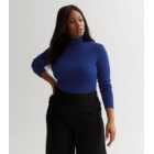 Curves Bright Blue Knit Roll Neck Long Sleeve Button Top