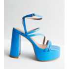 Bright Blue Faux Croc Strappy Platform Block Heel Sandals
