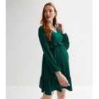 Maternity Dark Green Crinkle Jersey Long Sleeve Frill Mini Dress