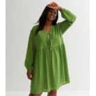Curves Green Textured Tie Front Mini Smock Dress