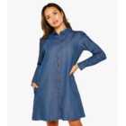 Apricot Blue Denim Ruffle Trim Mini Shirt Swing Dress