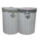 JVL Hearts Willow Wicker Round Linen Laundry Basket with Lid and Grey Lining - White
