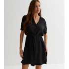 Black Denim-Look Drawstring Mini Shirt Dress