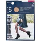 M&S Womens 15 Denier Medium Support Sheer Tights, 2 Pack, S-XL, Rose Quartz