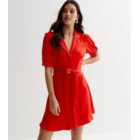 Red Puff Sleeve Belted Mini Shirt Dress
