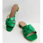 Dark Green Faux Croc Mid Block Heel Mule Sandals