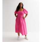 Curves Bright Pink Shirred Square Neck Midi Dress