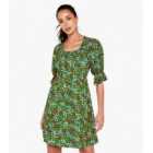 Apricot Green Ditsy Floral Shirred Square Neck Mini Dress