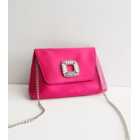 Bright Pink Satin Diamanté Broach Clutch Bag