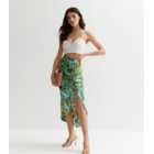Gini London Green Tropical Ruched Split Midi Skirt