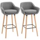 HOMCOM 2 Pcs Upholstered Bucket Seat Bar Stools With Solid Wood Legs Grey
