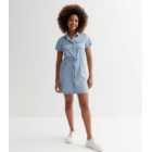 Pale Blue Denim Short Sleeve Mini Shirt Dress