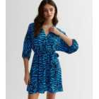 Blue Zebra Print 3/4 Sleeve Mini Wrap Dress