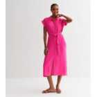 Bright Pink Textured Belted Midi Shirt Dress