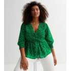 Curves Green Floral Shirred Peplum Wrap Blouse