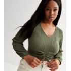 Curves Khaki Textured Ruched Front Top
