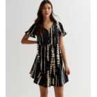 Black Abstract Button Front Mini Smock Dress