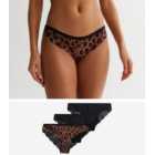 3 Pack Brown and Black Leopard Print Lace Back Briefs