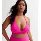 Curves Pink Ribbed Long Triangle Bikini Top