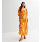 VILA Orange Abstract Satin Midi Wrap Dress
