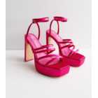 Public Desire Mid Pink Satin Slim Block Heel Sandals