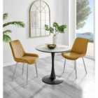 Furniture Box Elina White Marble Effect Round Dining Table and 2 Mustard Pesaro Silver Chairs
