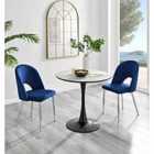 Furniture Box Elina White Marble Effect Round Dining Table and 2 Blue Arlon Silver Leg Chairs