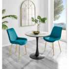 Furniture Box Elina White Marble Effect Round Dining Table and 2 Blue Pesaro Gold Leg Chairs