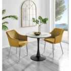 Furniture Box Elina White Marble Effect Round Dining Table and 2 Mustard Calla Silver Leg Chairs