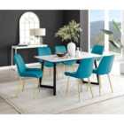 Furniture Box Carson White Marble Effect Dining Table and 6 Blue Pesaro Gold Leg Chairs