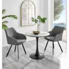 Furniture Box Elina White Marble Effect Round Dining Table and 2 Dark Grey Falun Black Leg Chairs