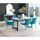 Furniture Box Carson White Marble Effect Dining Table and 6 Blue Pesaro Silver Chairs