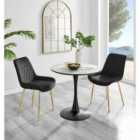 Furniture Box Elina White Marble Effect Round Dining Table and 2 Black Pesaro Gold Leg Chairs
