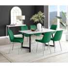 Furniture Box Carson White Marble Effect Dining Table and 6 Green Pesaro Silver Chairs