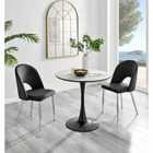 Furniture Box Elina White Marble Effect Round Dining Table and 2 Black Arlon Silver Leg Chairs